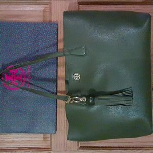 Tory Burch pebbled leather olive green Perry Tote - Large with Tassel Key Fob